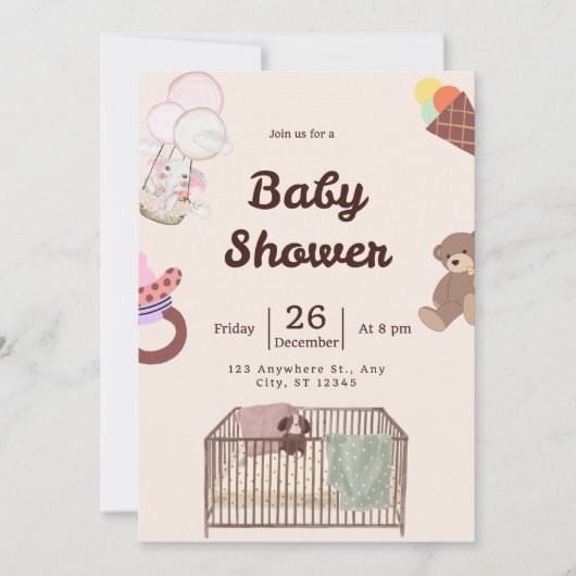 Roze Baby shower uitnodiging | Schattige & elegant (Voorkant)