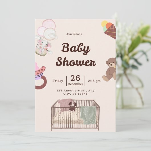 Roze Baby shower uitnodiging | Schattige & elegant (Staand voorkant)