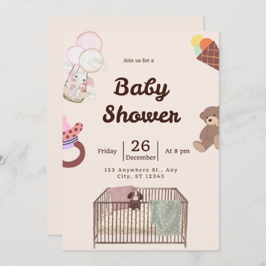 Roze Baby shower uitnodiging | Schattige & elegant (Voorkant / Achterkant)