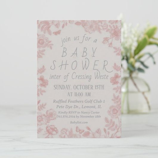 Roze Baby shower Uitnodiging Sjabloon Uitnodiging (Staand voorkant)