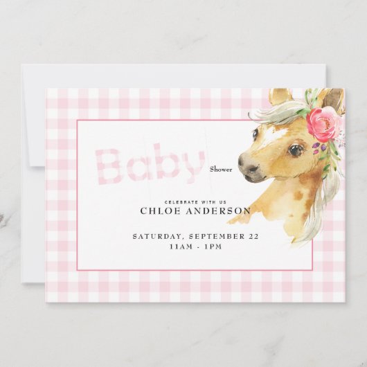 Roze Baby shower Uitnodiging tot roze Gingham Hors (Voorkant)