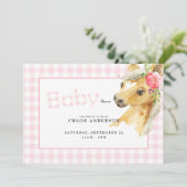 Roze Baby shower Uitnodiging tot roze Gingham Hors (Staand voorkant)