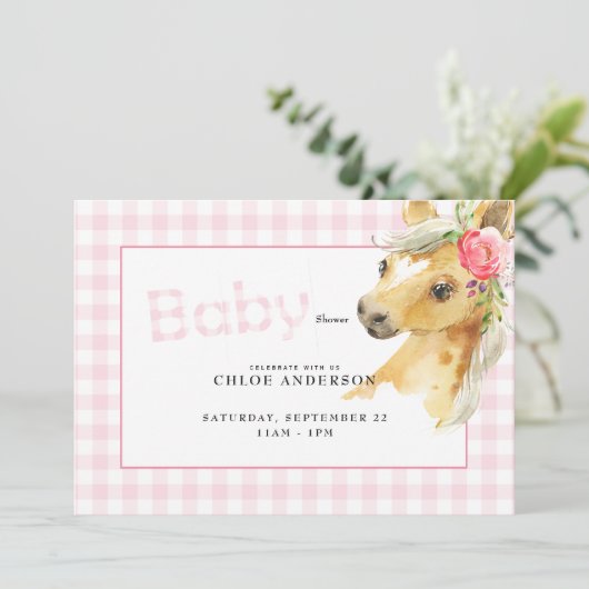 Roze Baby shower Uitnodiging tot roze Gingham Hors (Staand voorkant)
