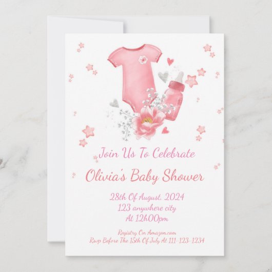 ROZE BABY SHOWER UITNODIGING VOOR MEISJES (Voorkant)