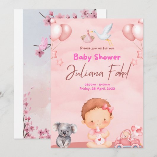 Roze Baby shower Uitnodiging voor Meisjes - Schatt (Voorkant / Achterkant)