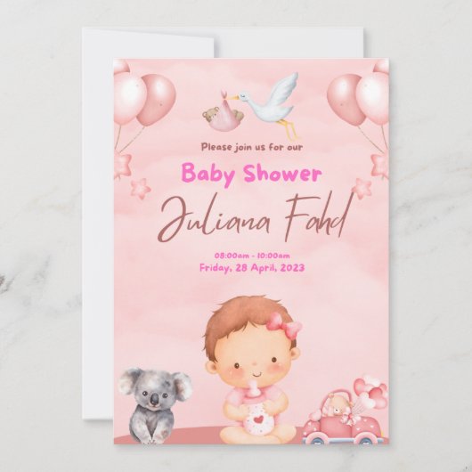 Roze Baby shower Uitnodiging voor Meisjes - Schatt (Voorkant)