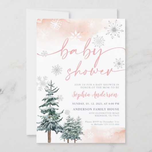 Roze Baby shower Uitnodiging, Winter Baby shower Kaart (Voorkant)