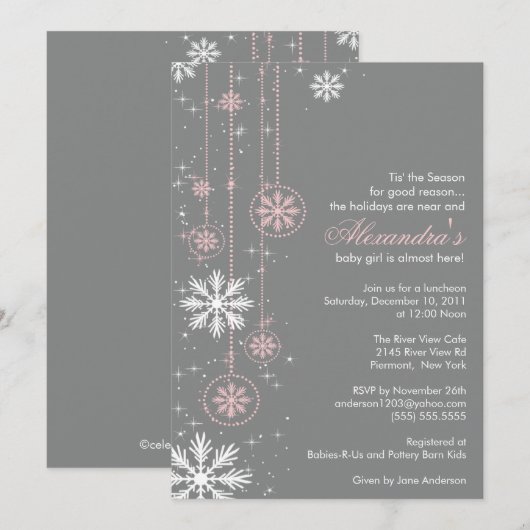 Roze Baby shower Uitnodiging Wintersneeuwvlokken (Voorkant / Achterkant)