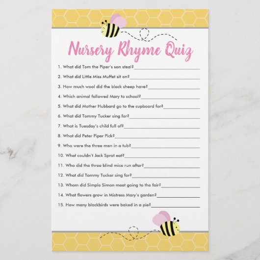 Roze Baby shower van de bijen Nursery Rhyme Quiz (Voorkant)