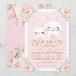 Roze Baby shower van Floral Bunny Girl/Cute Rabbit Kaart