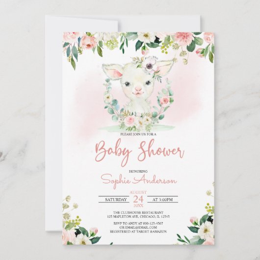 Roze Baby shower van Floral Girl Lamb Kaart (Voorkant)