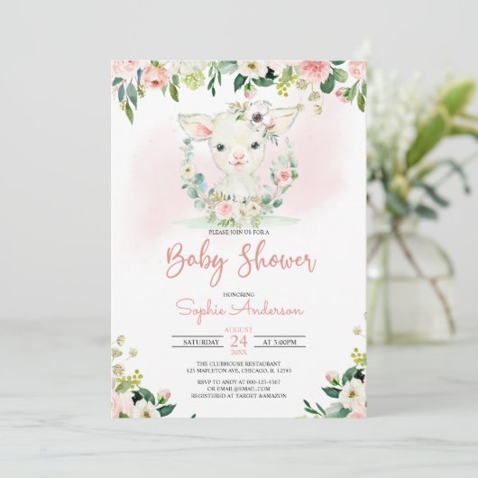 Roze Baby shower van Floral Girl Lamb Kaart (Staand voorkant)