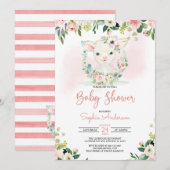 Roze Baby shower van Floral Girl Lamb Kaart (Voorkant / Achterkant)