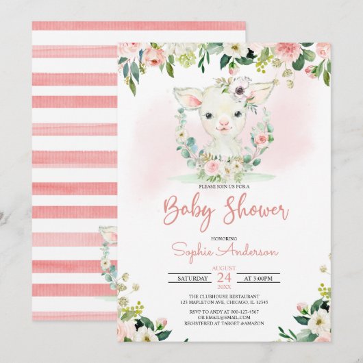 Roze Baby shower van Floral Girl Lamb Kaart (Voorkant / Achterkant)