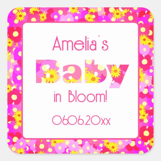 Roze Baby shower van Floral Vierkante Sticker (Voorkant)