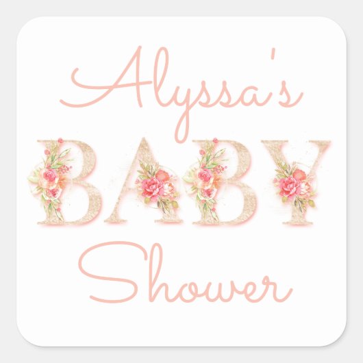 Roze Baby shower van Floral Vierkante Sticker (Voorkant)