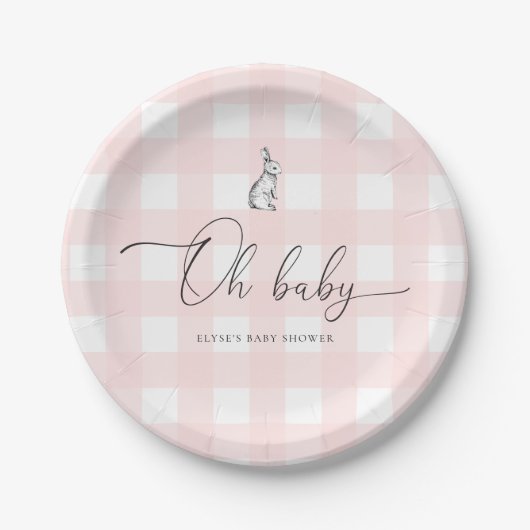 Roze Baby shower van Gingham Bunny Rabbit Papieren Bordje (Voorkant)