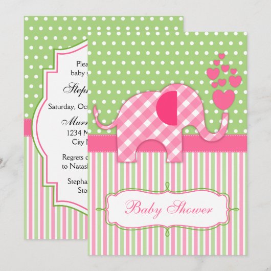 Roze Baby shower van Gingham Elephant Kaart (Voorkant / Achterkant)