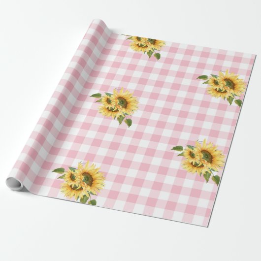 Roze Baby shower van Gingham Sunflower Cadeaupapier (Uitgerold)