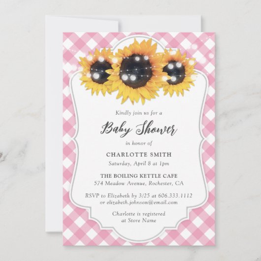Roze Baby shower van Gingham Sunflower Kaart (Voorkant)