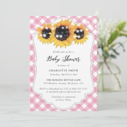 Roze Baby shower van Gingham Sunflower Kaart (Staand voorkant)