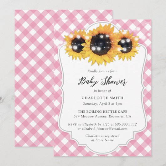 Roze Baby shower van Gingham Sunflower Kaart (Voorkant / Achterkant)
