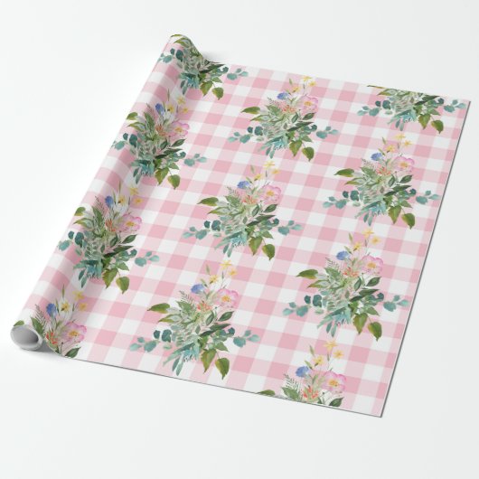 Roze Baby shower van Gingham Wildflower Wrapppapie Cadeaupapier (Uitgerold)
