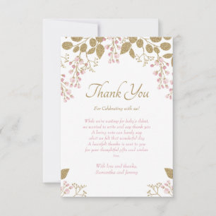 Roze Baby shower van goudbloemen Bedankkaart