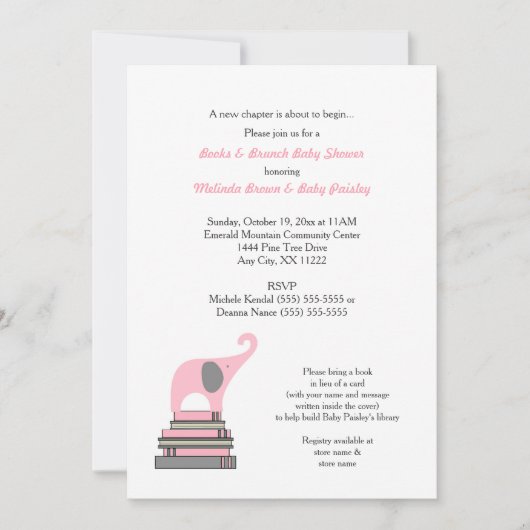 Roze Baby shower van het Elephant Book/Books Brunc Kaart (Voorkant)