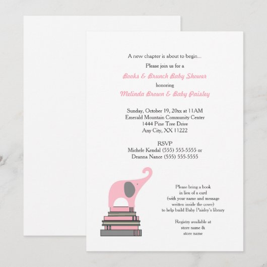 Roze Baby shower van het Elephant Book/Books Brunc Kaart (Voorkant / Achterkant)
