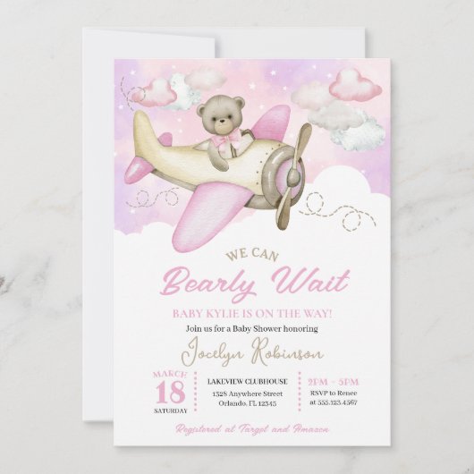 Roze Baby shower van het vliegvliegtuig dat Teddy  Kaart (Voorkant)
