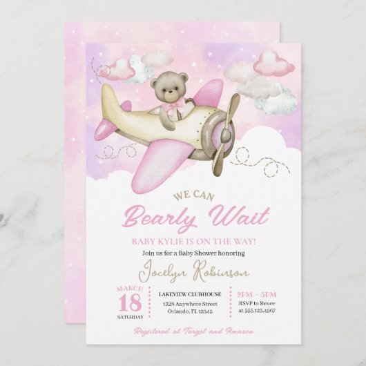 Roze Baby shower van het vliegvliegtuig dat Teddy Kaart (Voorkant / Achterkant)