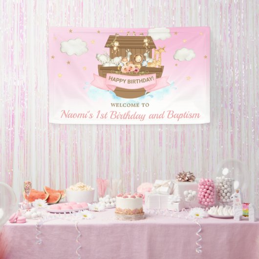 Roze Baby shower van Noah eerste verjaardag Achter Spandoek (Feest)