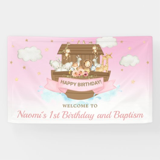 Roze Baby shower van Noah eerste verjaardag Achter Spandoek (Horizontaal)