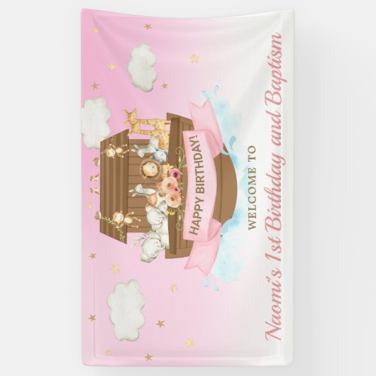 Roze Baby shower van Noah eerste verjaardag Achter Spandoek (Verticaal)