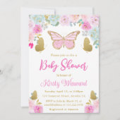 Roze. Baby shower voor blauwe en goudvlindervlinde Kaart (Voorkant)