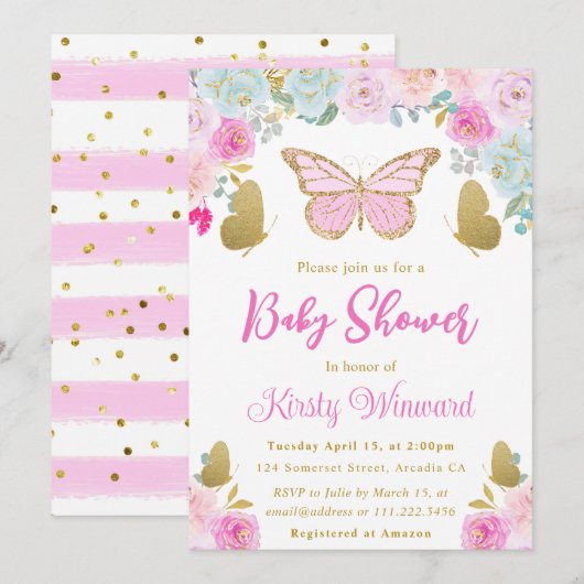 Roze. Baby shower voor blauwe en goudvlindervlinde Kaart (Voorkant / Achterkant)