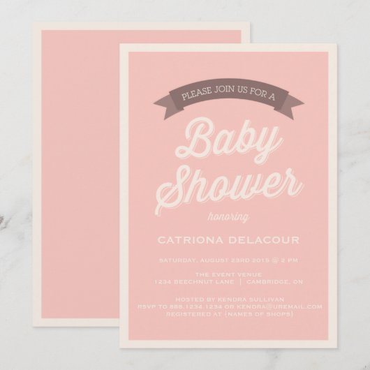 Roze  Baby shower voor Typografie Kaart (Voorkant / Achterkant)