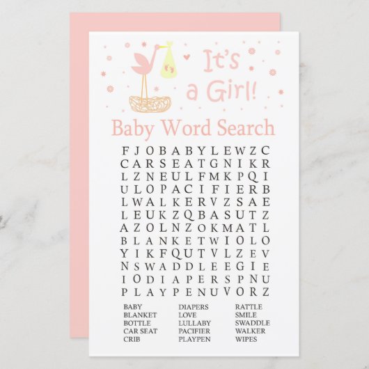 Roze Baby shower voor winkelnest Word Search Game (Voorkant / Achterkant)