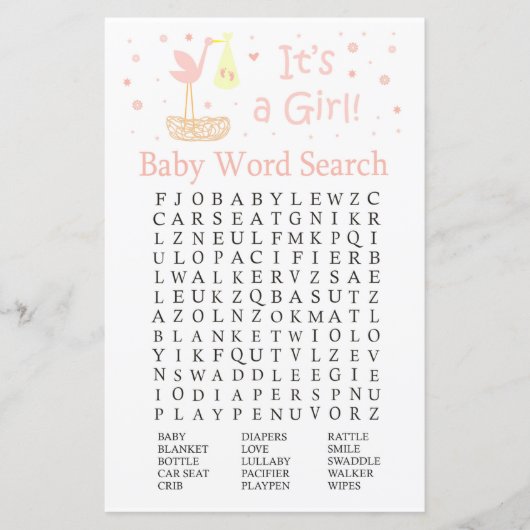 Roze Baby shower voor winkelnest Word Search Game (Voorkant)