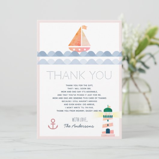 Roze Baby shower voor zeilboot en vuurtoren Kaart (Staand voorkant)