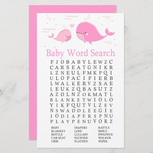 Roze Baby shower Word Search Game (Voorkant / Achterkant)