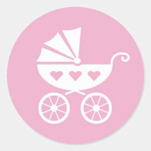 Roze baby showers stickers met schattige koets kin