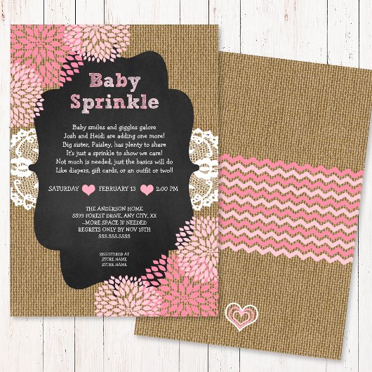 Roze baby sprinkle invite burlap krijtbord RUSTIC Kaart