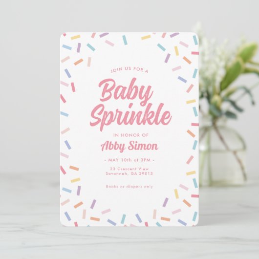 Roze Baby Sprinkle Rainbow Sprinkles Invitation Kaart (Staand voorkant)