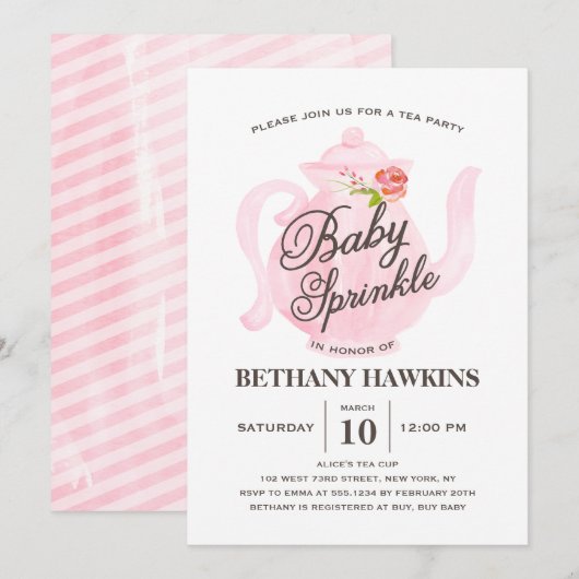 Roze Baby Sprinkle Tea Party Waterverf Kaart (Voorkant / Achterkant)