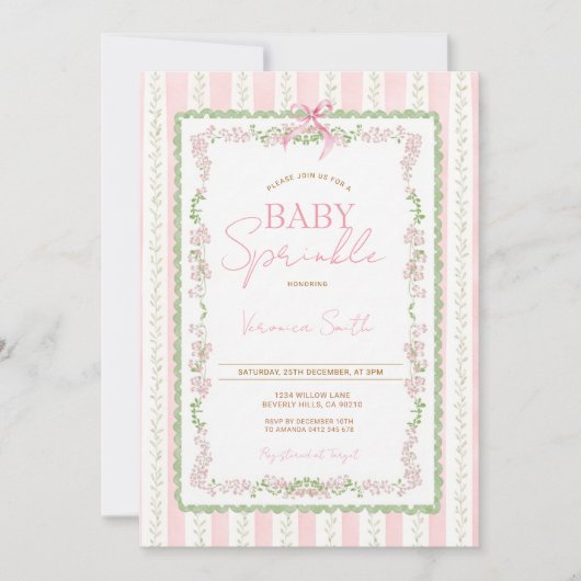 Roze Baby Sprinkle Uitnodiging met Bloemenslinger (Voorkant)