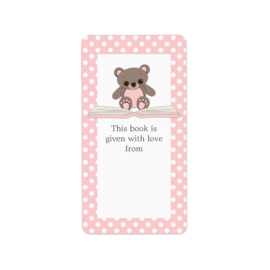 Roze Baby Teddy Bear op Book Gift Bookplate Label (Voorkant)