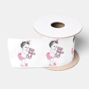 Roze baby teddybeer babemeisje shower satijnen lint