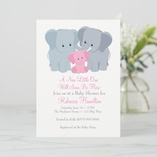 Roze Baby Uitnodiging tot olifant (Staand voorkant)